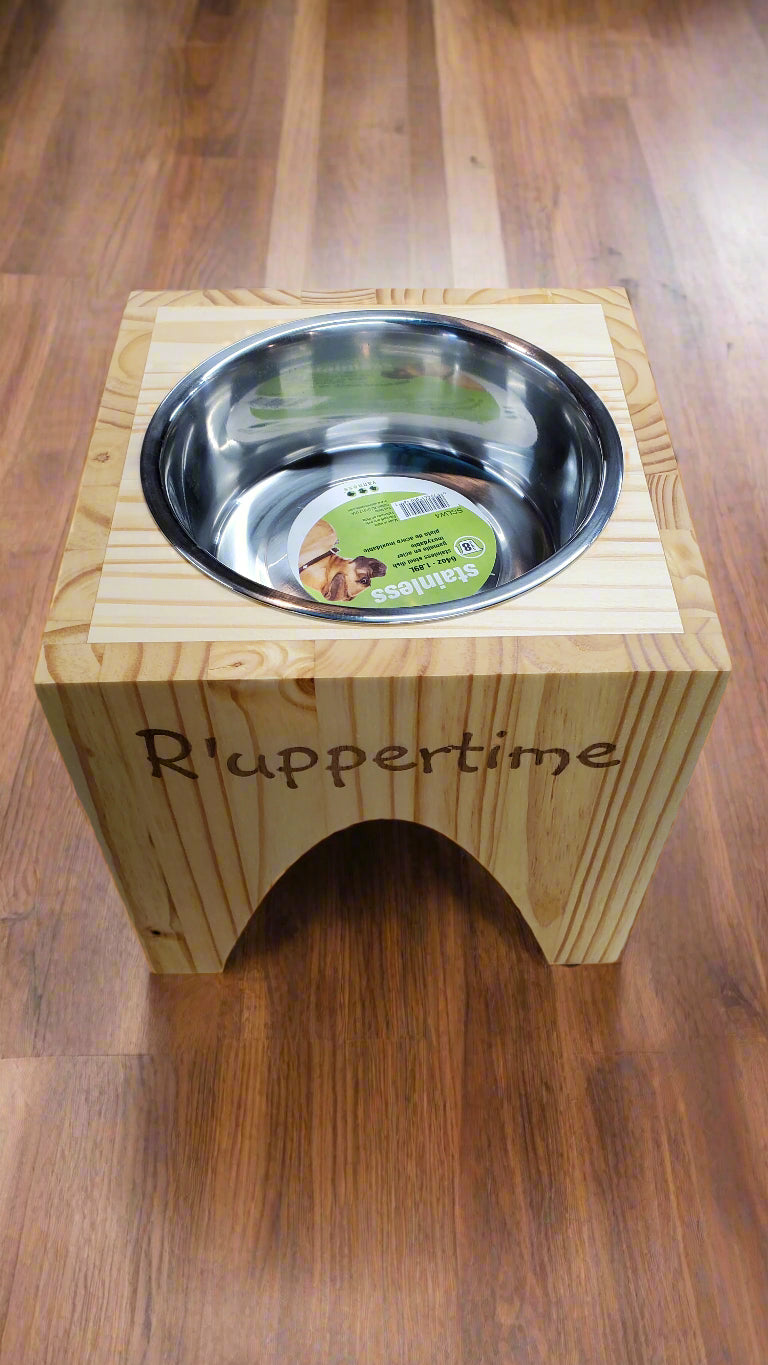 Dog Dish Stand, 10 Inches Tall, 1-Place, Natural Pine