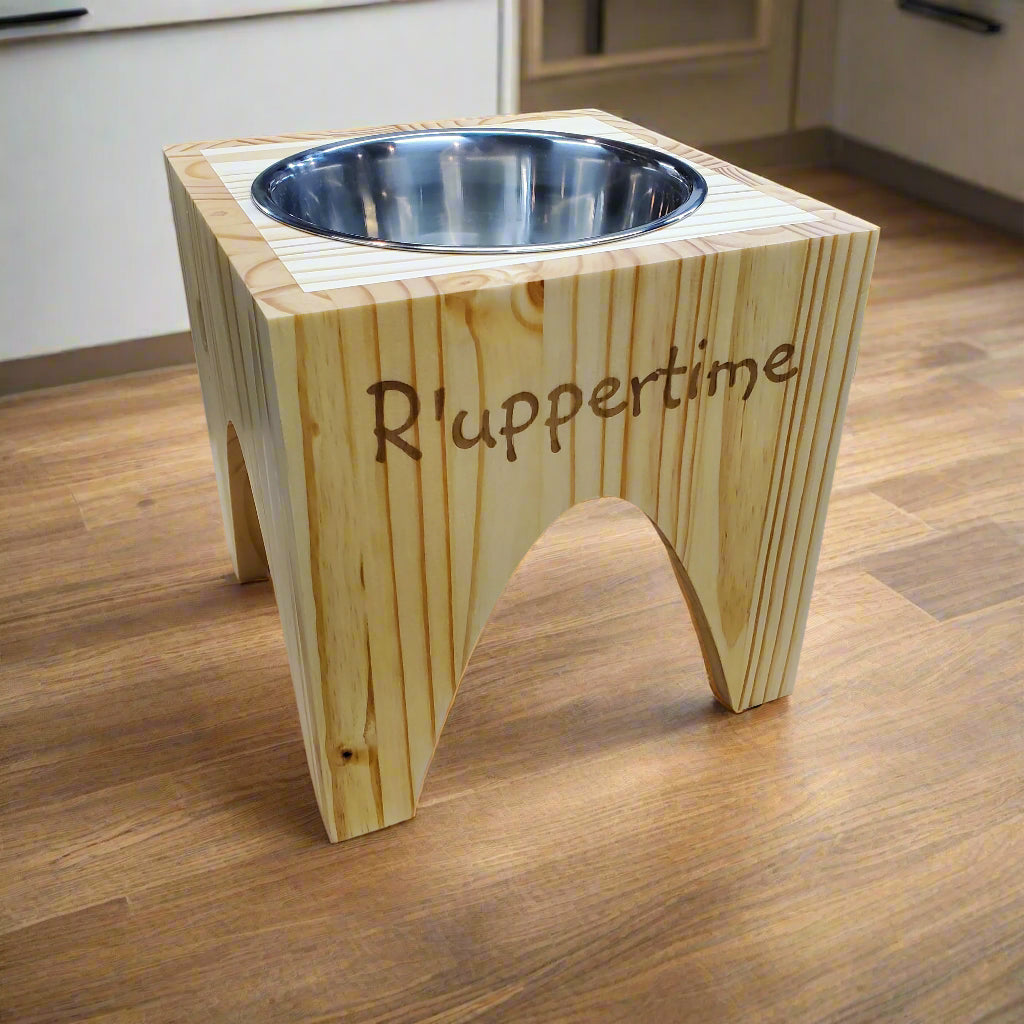 Dog Dish Stand, 10 Inches Tall, 1-Place, Natural Pine