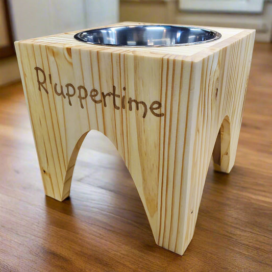 Dog Dish Stand, 10 Inches Tall, 1-Place, Natural Pine