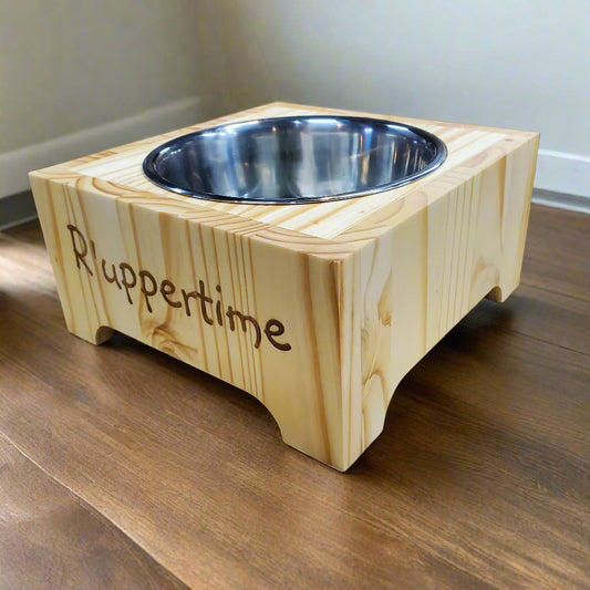 Dog Dish Stand, Short, 1 Place, Natural Pine