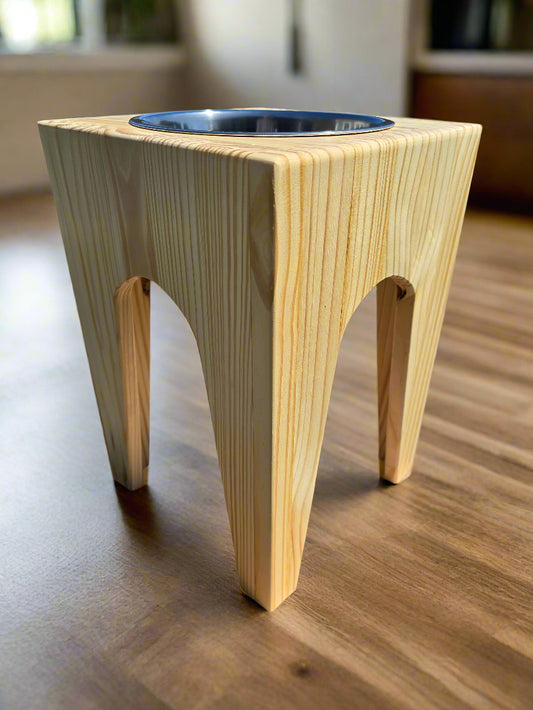 Dog Dish Stand, 15 Inches Tall, 1-Place, Natural Pine