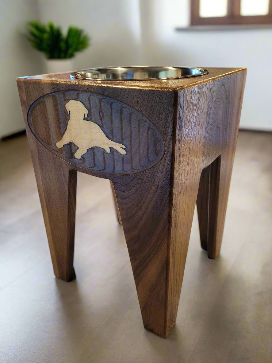 Dog Dish Stand, 15 Inches tall, 1-Place, Walnut