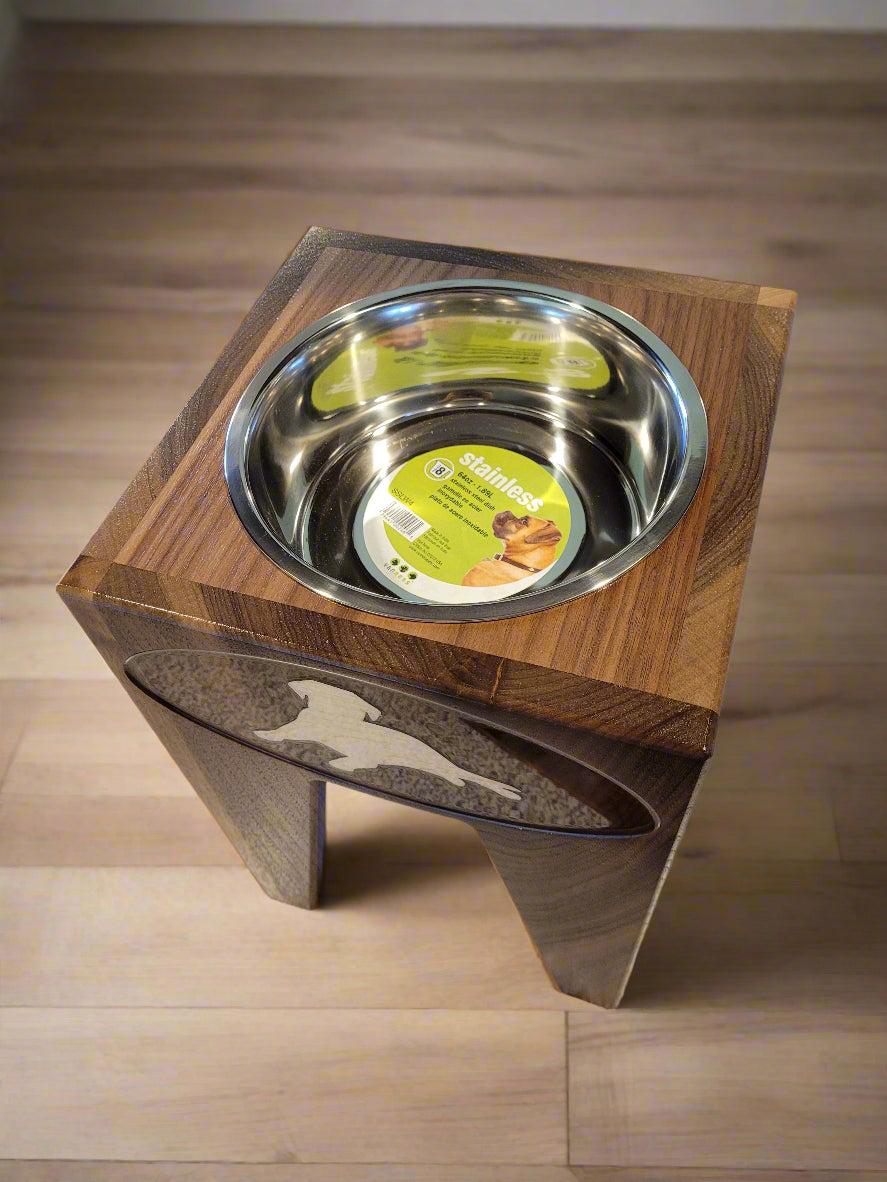 Dog Dish Stand, 15 Inches tall, 1-Place, Walnut