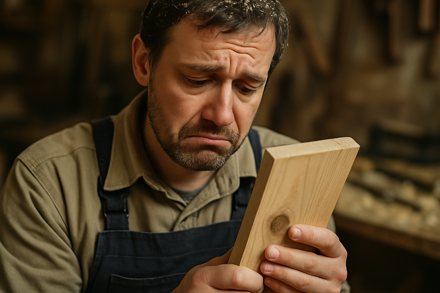 a sad carpenters face reacting to a blemish