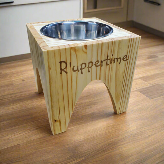 Dog Dish Stand, 10 Inches Tall, 1-Place, Natural Pine