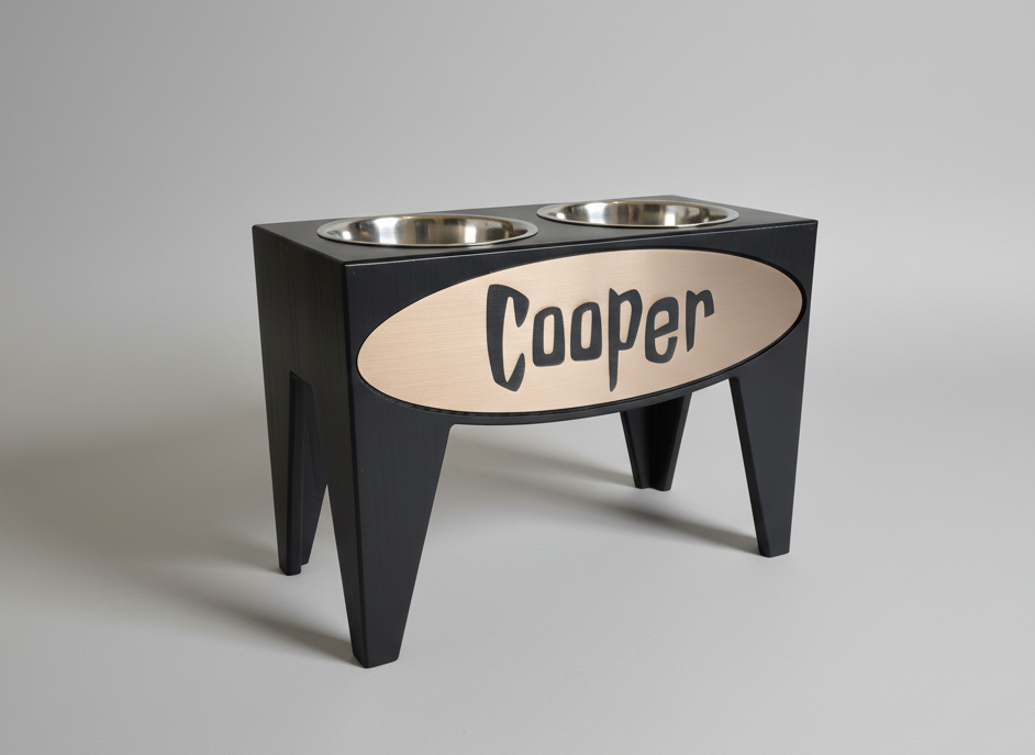 Personalized Elevated Dog Feeder Dish Stand, 15 Inches Tall, 2-Place, Black