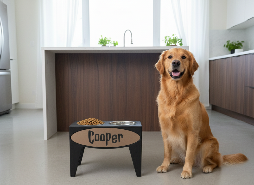 Personalized Elevated Dog Feeder Dish Stand, 15 Inches Tall, 2-Place, Black