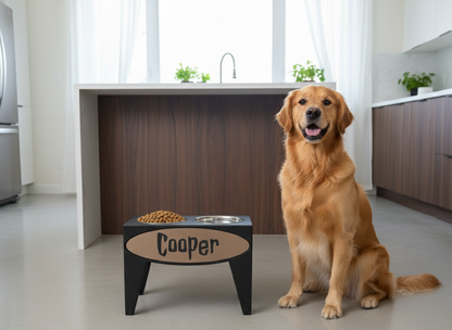 Personalized Elevated Dog Feeder Dish Stand, 15 Inches Tall, 2-Place, Black