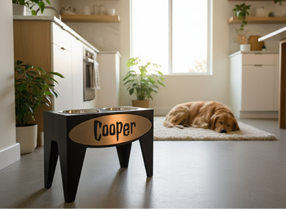 Personalized Elevated Dog Feeder Dish Stand, 15 Inches Tall, 2-Place, Black